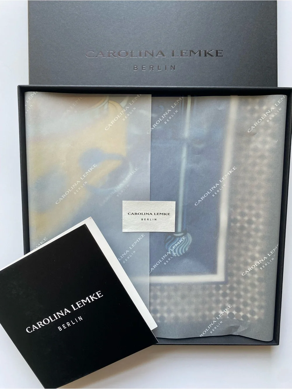 NEW Carolina Lemke Blue Print Silk Equestrian Motif Scarf